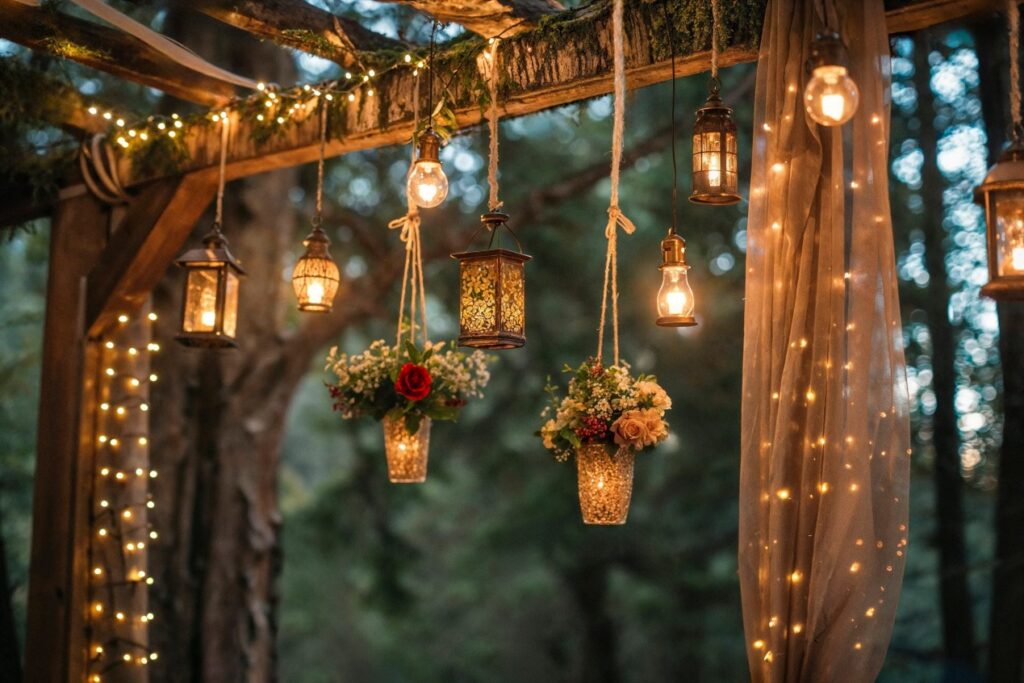 Balcony decorated with solar-powered battery lights for outdoor ambiance