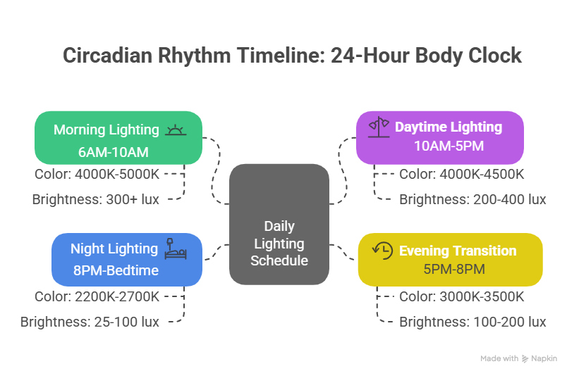 Infographic showing a circadian rhythm lighting timeline with recommended color temperatures and brightness levels for morning, daytime, evening, and night to support a healthy 24-hour body clock.