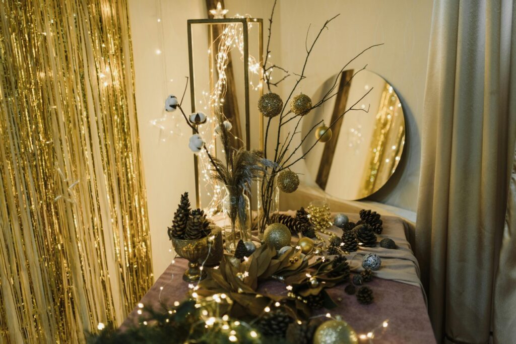 Festive living room with battery-operated string lights for holiday decor
