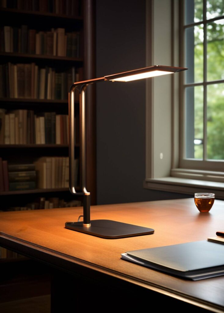 Minimalist workspace with a portable battery-powered desk lamp